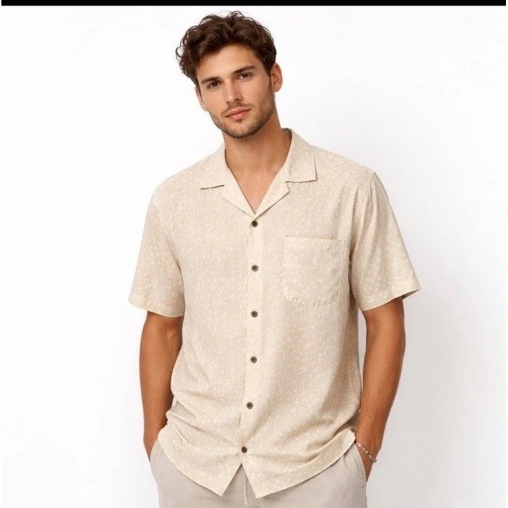 George‎ Mens Linen Blend Short Sleeve Button Down Shirt Tan Natural Print Large